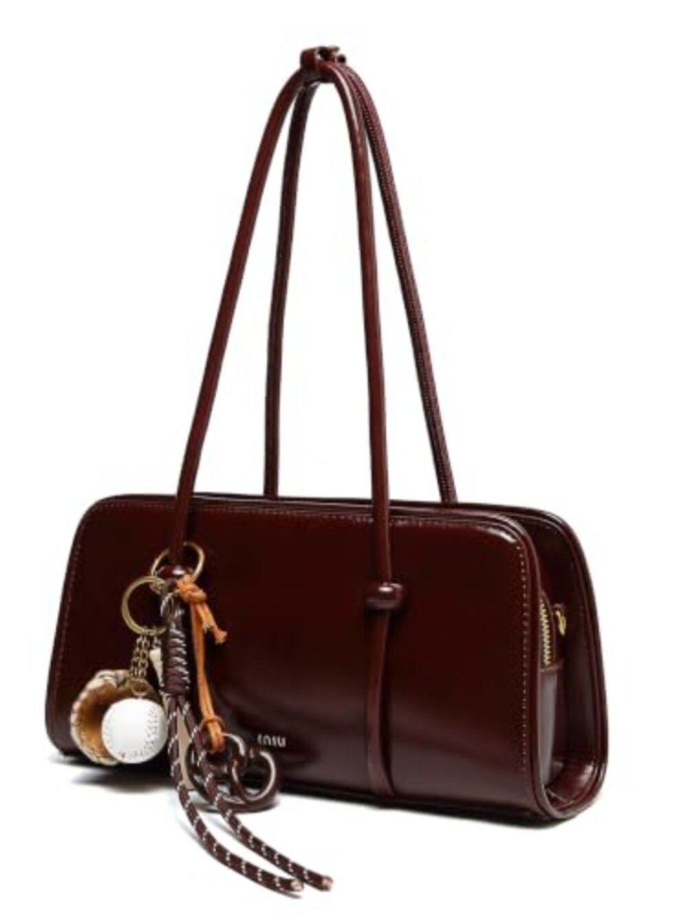 Glossy PU Leather Satchel Handbag with Crossbody Strap and Baseball Charm